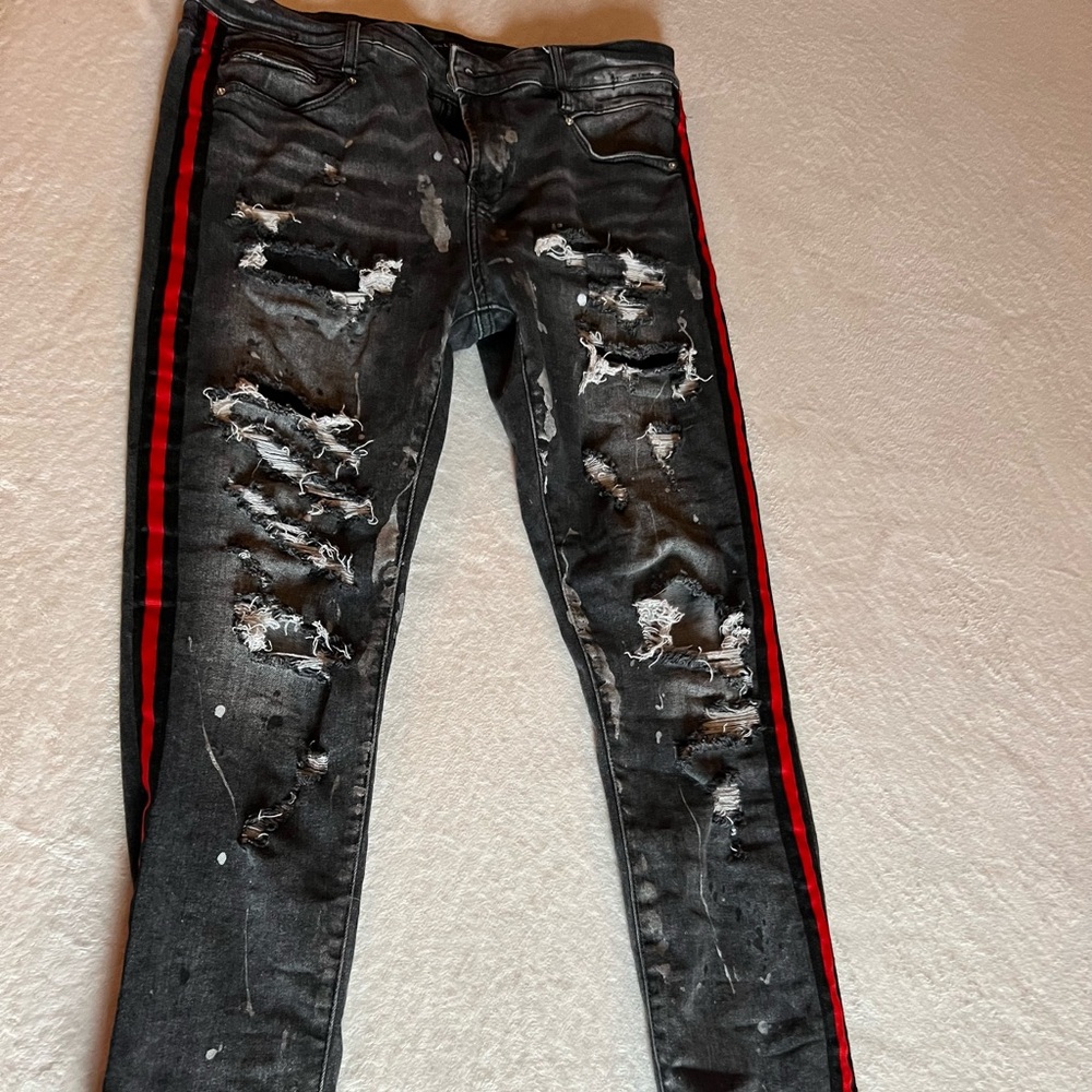 Used Embellish Paint Splatter W/ Rips Skinny Jeans 36 x 32